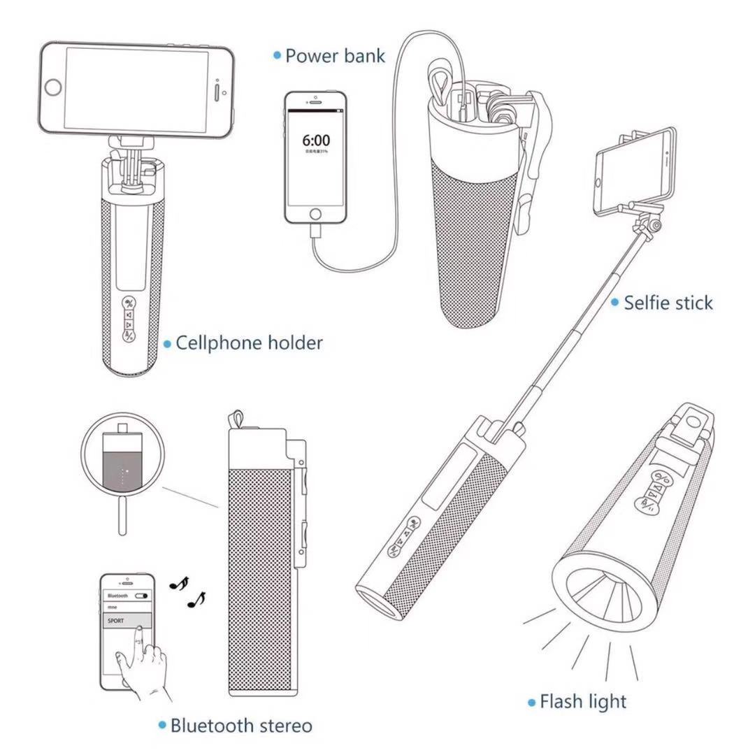 (ORANGE)5 in 1 bluetooth selfie stick with 5200mAh power bank bluetooth speaker torch